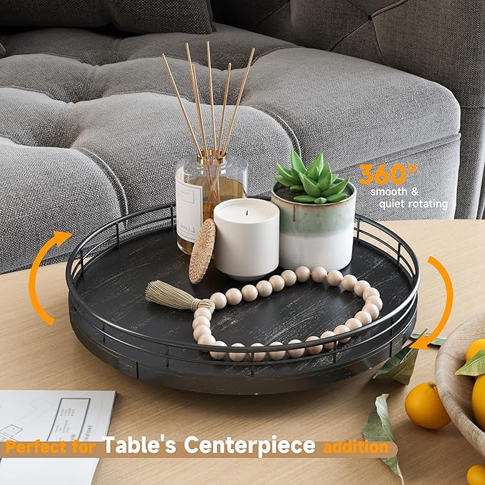 10" Oak Bathroom Vanity Tray Turntable for Perfume Candle, Round Wooden Decorative Tray for Kitchen Sink Countertop Organizer, Bathroom Counter Organizer for Skincare Makeup, Farmhouse Black Gold-CasaMuseHome