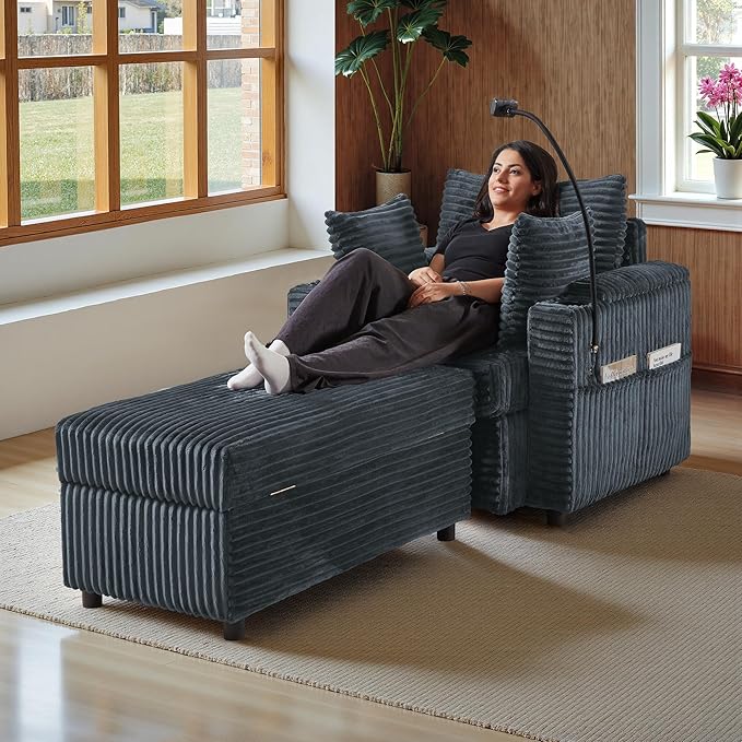 Accent Chair with Storage Ottoman Upholstered Living Room Chairs for Reading Chair with Chaise Lounge Chairs Indoor, Comfortable Armchair for Bedroom-CasaMuseHome