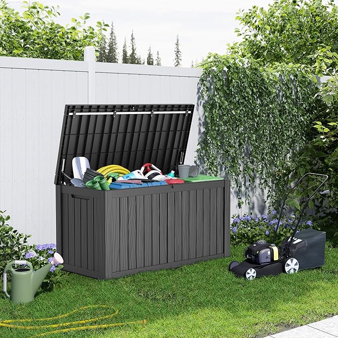150 Gallon Resin Deck Box, Lockable Patio Outdoor Storage Box for Furniture, Garden Tools and Tools Storage, Waterproof Outside Storage Boxes - Black-CasaMuseHome