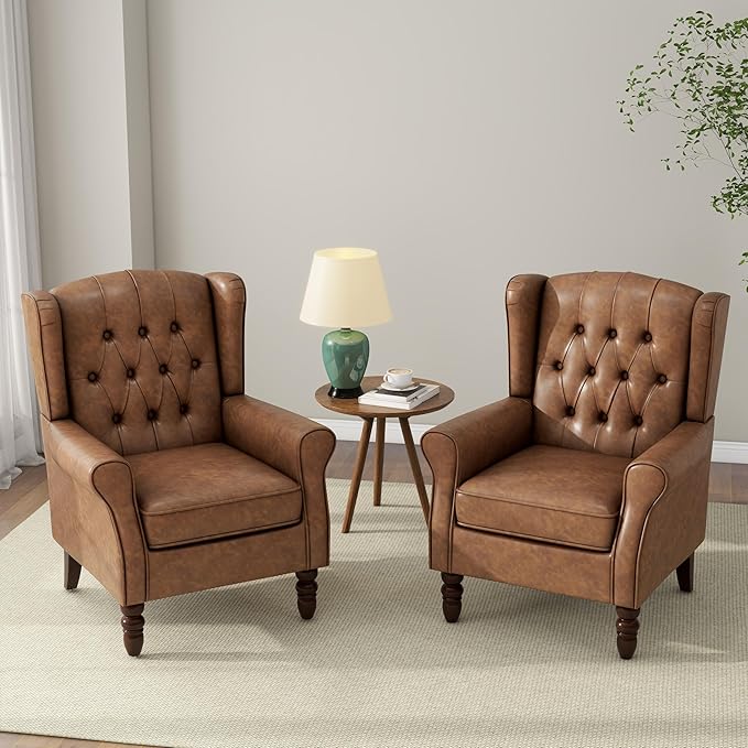 Accent Chair, Upholstered Armchair with Button Tufted High Back & Solid Wood Legs, Comfy Wingback Reading Single Sofa Chair for Small Spaces, Living Room, Bedroom (Leather Brown, Set of 2)-CasaMuseHome