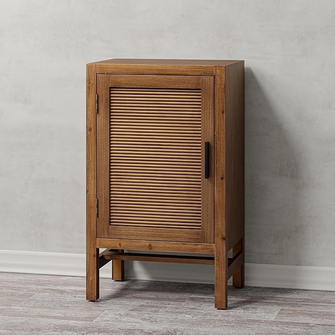 1 Door Farmhouse Nightstand, Rustic Slat Door Cabinet with 2 Shelves, Accent End Table with Storage for Bedroom, Brown-CasaMuseHome