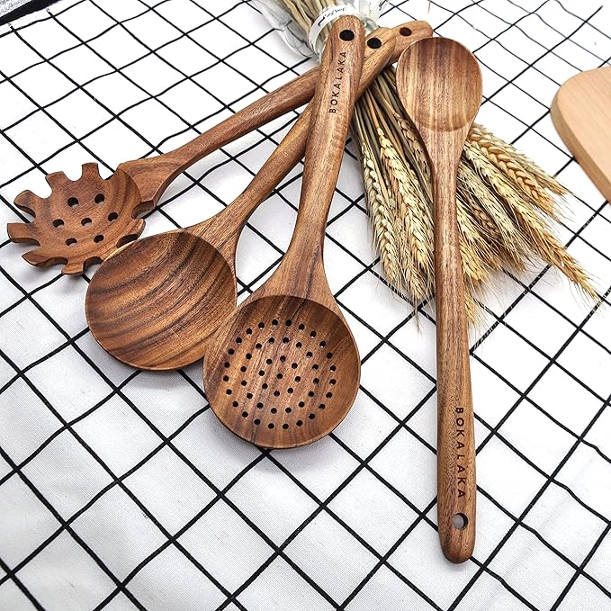 11 Pcs Wooden Kitchen Utensils Set - Wooden Spoons, Spatulas and More for Cooking-CasaMuseHome