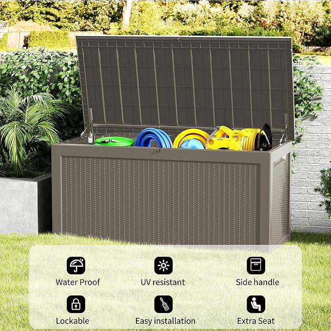 320 Gallon Outdoor Storage Box Patio Deck Box Waterproof, Resin Lockable Outside Large Storage Bin for Pool Cushion Furniture, Garden Tools UV-Resistant, Grey-CasaMuseHome