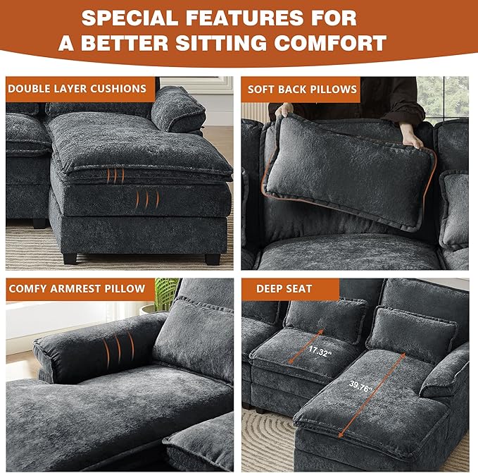 113" Oversized Cloud Couch, U Shape Sectional 4 Seat Sofa with Double Chaises, 2 Layer Cusions, Deep Seat Comfy Sofa, Upholstery Chenille Fabric for Living Room, Dark Grey-CasaMuseHome