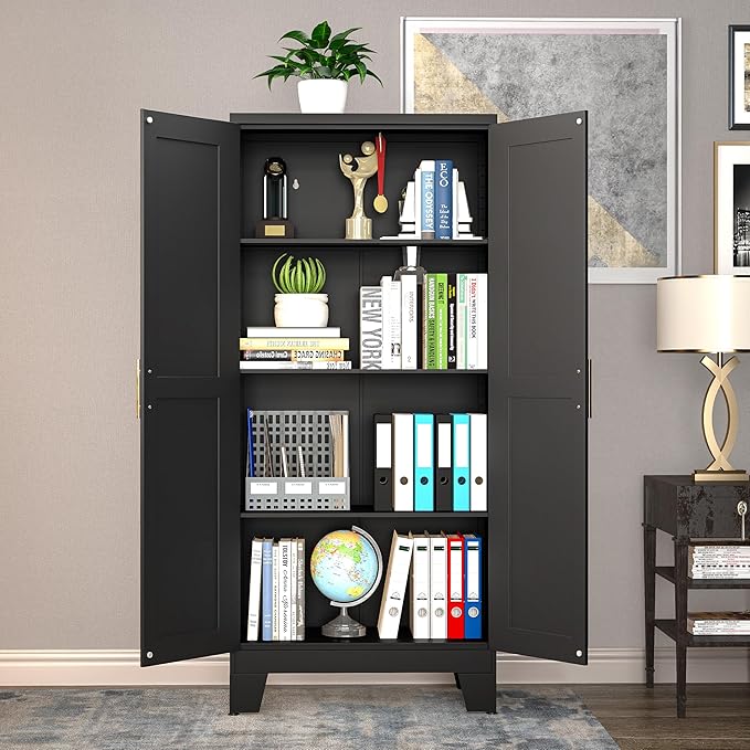 61.02" Kitchen Pantry Cabinet, Pantry Storage Cabinet with 2 Doors and Adjustable Shelves, Black Food Storage for Kitchen, Living Room, Bedroom and Dining Room (Black) Metal Sideboard-CasaMuseHome