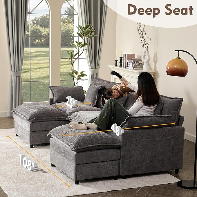 108" U Shaped Couch, Modular Sectional Sofa, 3-Seater Comfy Cloud Couch with Movable Ottoman, Deep Seat Couches for Living Room, Chenille, Slate-CasaMuseHome