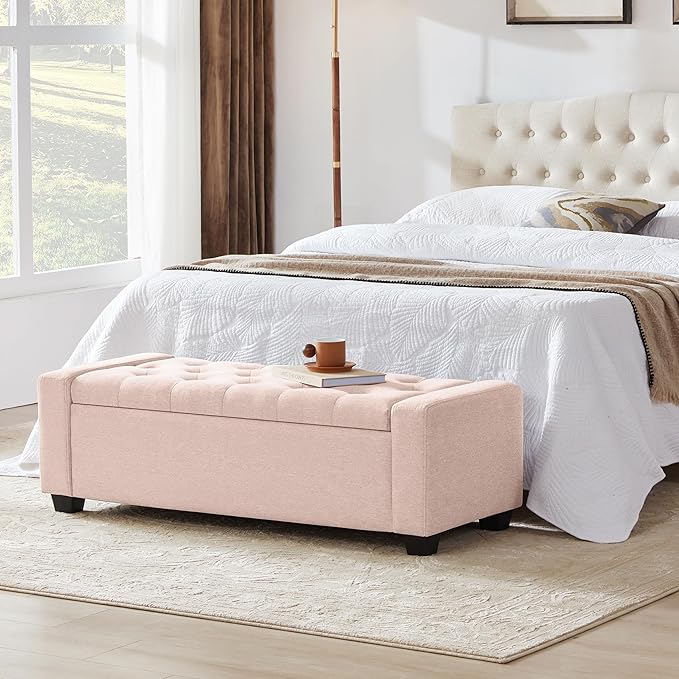 48" Ottoman with Storage, Pink Storage Ottoman Bench with Safety Hinge, Upholstered Entryway Bench with Seating for Bedroom, Living Room, Holds up to 330 lb-CasaMuseHome