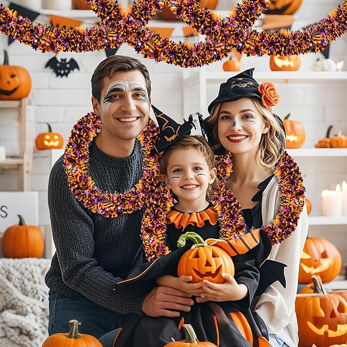 50FT Halloween Decorations Tinsel Garland, Orange Purple Black Shiny Metallic Tinsel Twist Hanging Streamers Garland for Halloween Birthday Home Tree Banister Indoor Outdoor Party Decor Supplies-CasaMuseHome