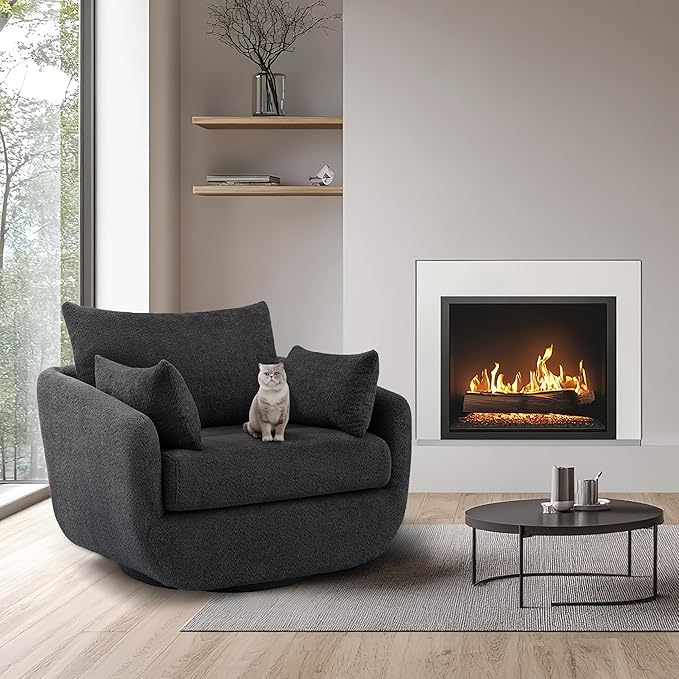 360° Swivel Accent Armchair, 39.3" Oversized, Sherpa Boucle Fabric Sofa Chair with Removable Back & Arm Pillows, Swivel Chair with Cozy Soft Padded, No Assembly Required (1, Dark Gray)-CasaMuseHome