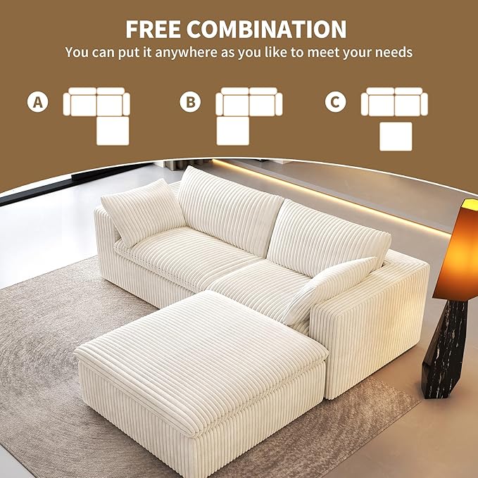 78.74" L Shaped Modern Sofa Modular Sectional Cloud Couch with Ottoman,Upholstered Couches with Plush Corduroy Fabric for Living Room Furniture,Bedroom and Apartment,No Assembly Required,White-CasaMuseHome