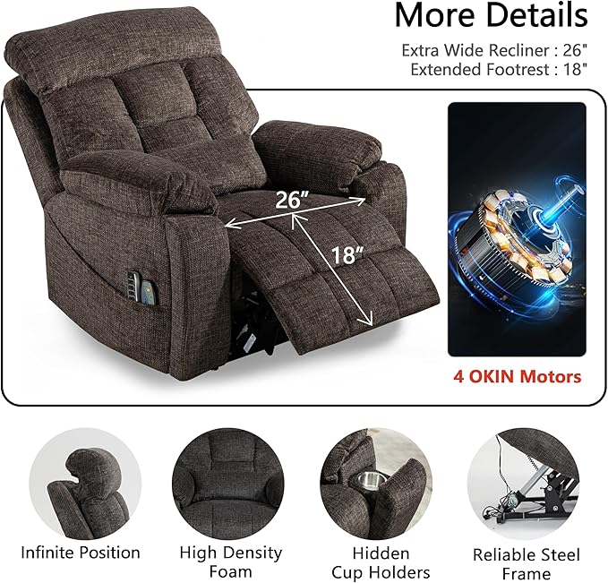 4 OKIN Motor Power Lift Recliner Chair for Elderly Adults Extra Large Lay Flat Recliners with Massage Heat, Adjustable Head-Back-Lumbar-Leg-Support, Extended Footrest, 2 Cup Holders-CasaMuseHome