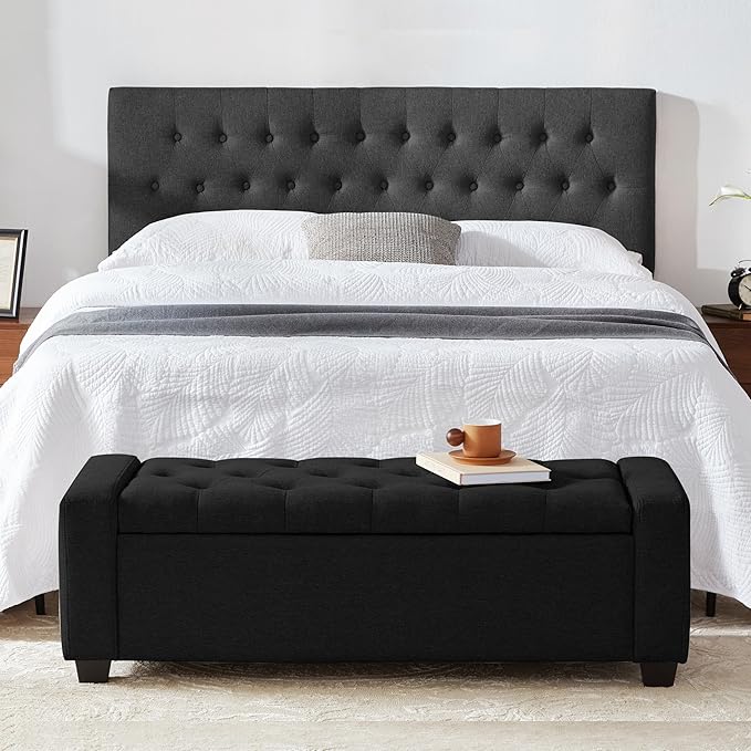 48" Ottoman with Storage, Black Storage Ottoman Bench with Safety Hinge, Upholstered Entryway Bench with Seating for Bedroom, Living Room, Holds up to 330 lb-CasaMuseHome