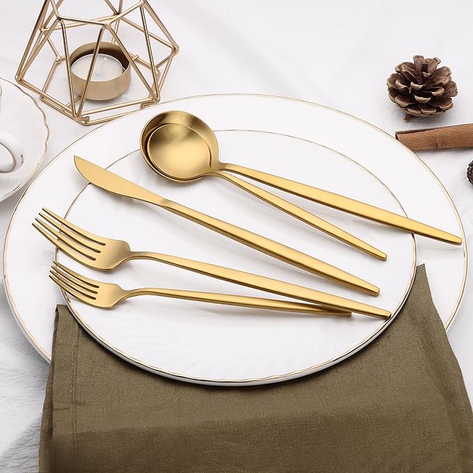 40 Piece Gold Silverware Set for 8, Terlulu Stainless Steel Flatware Set, Gold Cutlery Set Utensils Set, Tableware Include Forks Knives Spoons for Home Kitchen Restaurant Wedding, Satin Finish-CasaMuseHome