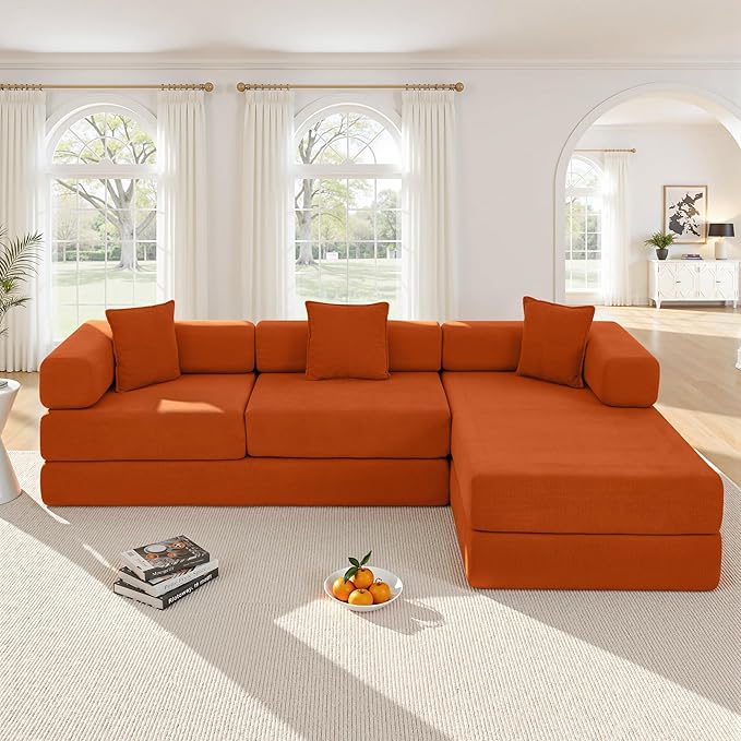 108" Oversized Convertible Sleeper Sofa Bed, Corduroy L Shape Sectional Couch, Folding Sofa Bed with Side Pocket, Modern Cloud Floor Mattress Couch, Modular Sofa for Living Room, Orange-CasaMuseHome