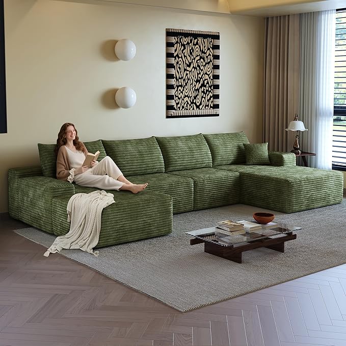 108" Sectional Couches for Living Room Modern Modular Sofa with L-Shape Couchs Upholstered Boneless Couch Deep Seat Sectional Couch with Chaise (Green, Right Facing Chaise+3Seaters+Ottoman)-CasaMuseHome