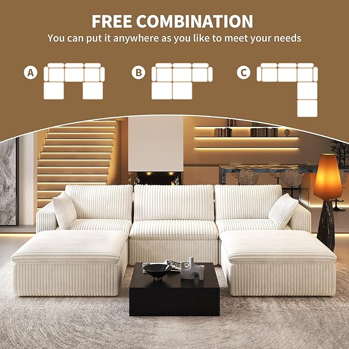 118" U Shaped Modern Sofa Modular Sectional Cloud Couch with 2 Ottoman,Upholstered Couches with Corduroy Fabric for Living Room Furniture,Bedroom and Apartment,No Assembly Required,White-CasaMuseHome