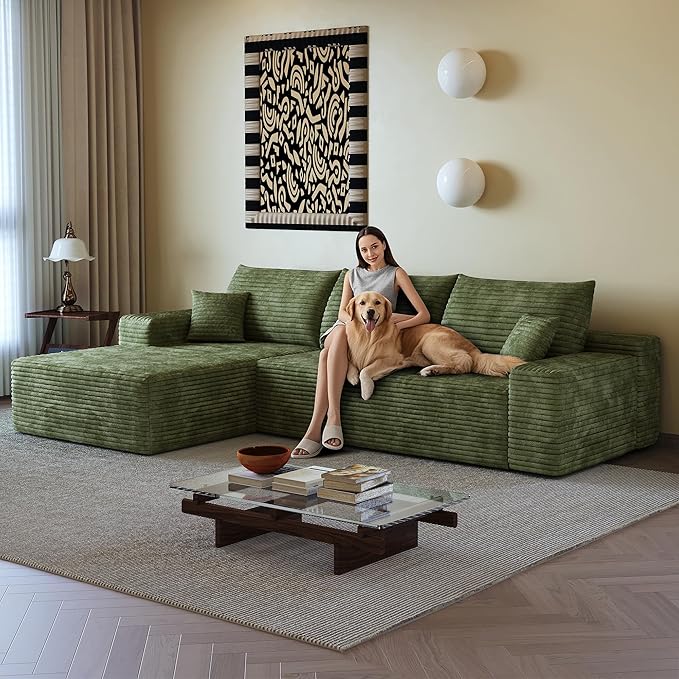 108" Sectional Couches for Living Room Modern Modular Sofa with L-Shape Couchs Upholstered Boneless Couch Deep Seat Sectional Couch with Chaise (Green, Left Facing Chaise+2Seaters)-CasaMuseHome