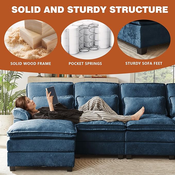 113" Oversized Cloud Couch, U Shape Sectional 4 Seat Sofa with Double Chaises, 2 Layer Cusions, Deep Seat Comfy Sofa, Upholstery Chenille Fabric for Living Room, Blue-CasaMuseHome