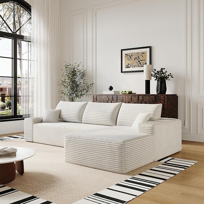 108" Sectional Couches for Living Room Modern Modular Sofa with L-Shape Couchs Upholstered Boneless Couch Deep Seat Sectional Couch with Chaise (White, Right Facing Chaise+2Seaters)-CasaMuseHome