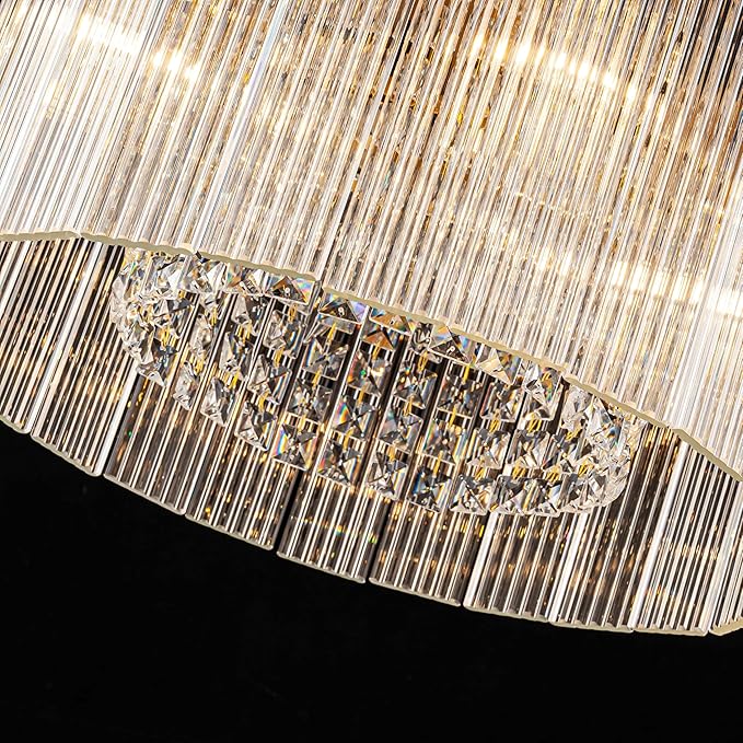 4-Lights Drum Glass Chandelier, Modern Style Light Fixture for Dining Room, Bedroom, Ripple Glass Shade & Brass Finish, D16.5 * H18~48 inch (Adjustable Height)-CasaMuseHome