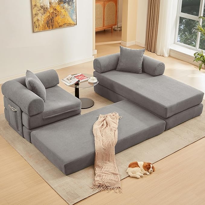 107" Oversized Convertible Sleeper Sofa Bed, Corduroy L Shape Sectional Couch, Folding Sofa Bed with Side Pocket, Modern Cloud Floor Mattress Couch, Modular Sofa for Living Room, Grey-CasaMuseHome