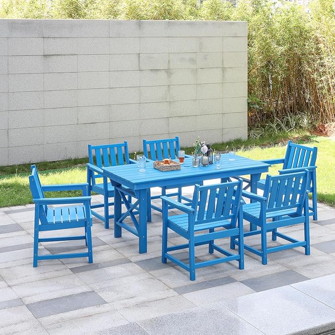 7 Pieces HDPE Outdoor Dining Set, Patio Dining Set with Umbrella Hole, All Weather Outdoor Dining Table Sets for 6, HDPE Patio Furniture Sets for Deck, Backyard, Lawn, and Poolside, Sky Blue-CasaMuseHome
