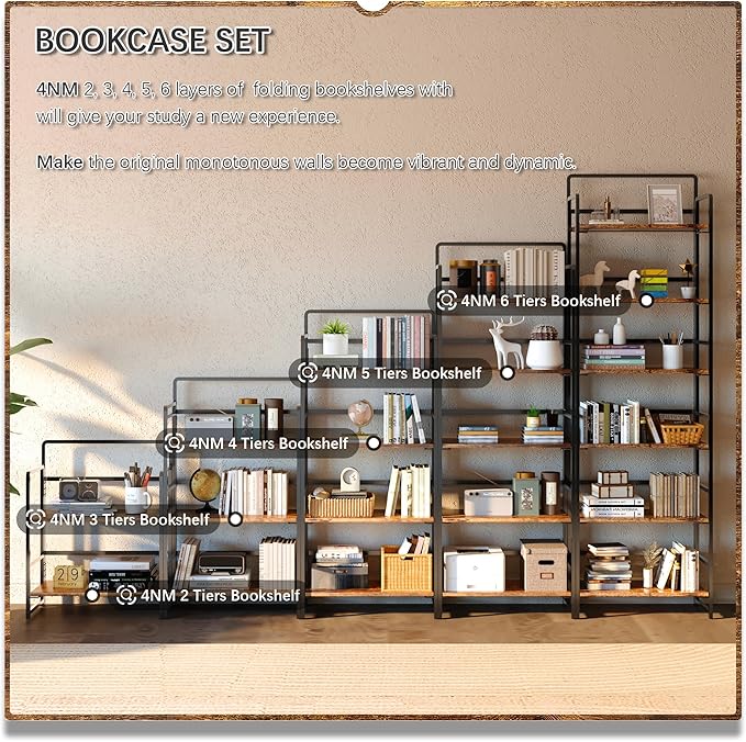 4NM 2 Tiers No-Assembly Folding Bookshelf with Wheels, Portable Rolling Storage Bookcase & Compact Side Table for Living Room, Bedroom, Kitchen, Bathroom (Rustic Brown and Black)-CasaMuseHome
