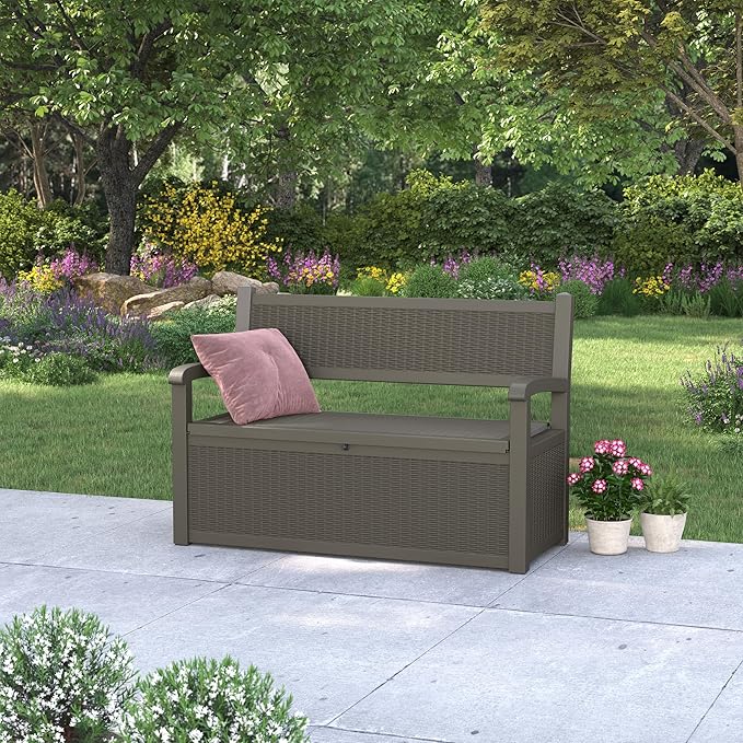 70 Gallon Outdoor Storage Box, Resin Patio Furniture with Armrest, Lockable Deck Box with Waterproof and UV Resistant for Patio Cushions, Garden Tools and Pool Supplies, Grey-CasaMuseHome