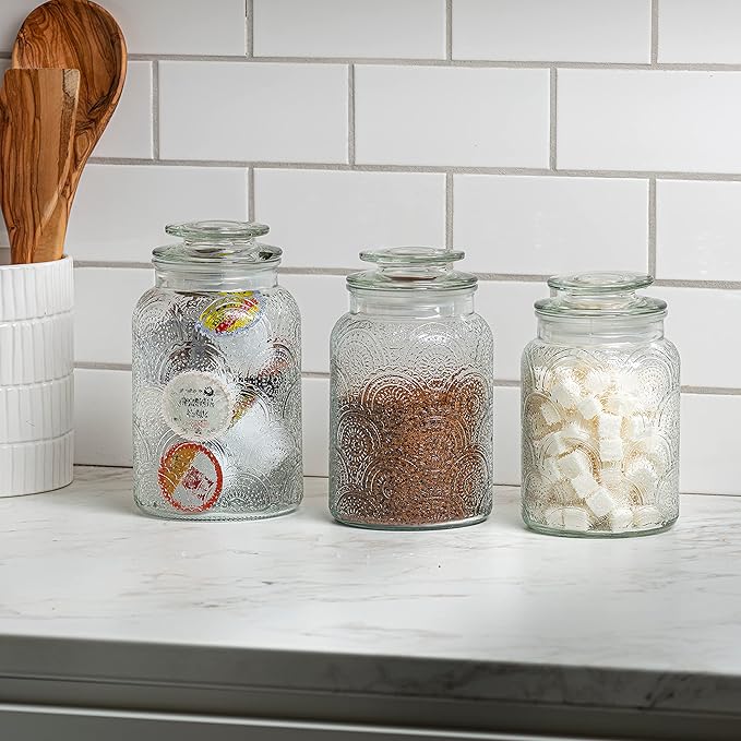 Le'raze Food Storage Containers with Airtight Lids - Retro Design - Pantry Organization, Glass Canisters Storage for Cookies, Tea, Sugar, Candy Jars, Sugar Packet, Set of 3-CasaMuseHome