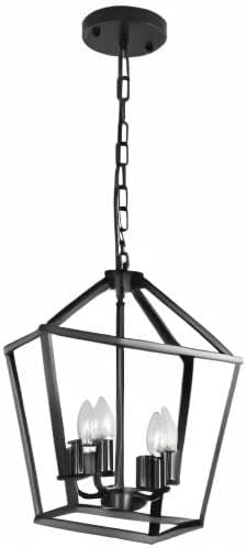 4-Light Lantern Pendant Light,Modern Industrial Black Cage Farmhouse Chandelier for Kitchen Island,12'' Rustic Metal Hanging Lighting Fixture for Dining Room Bedroom Foyer Entry Porch-CasaMuseHome
