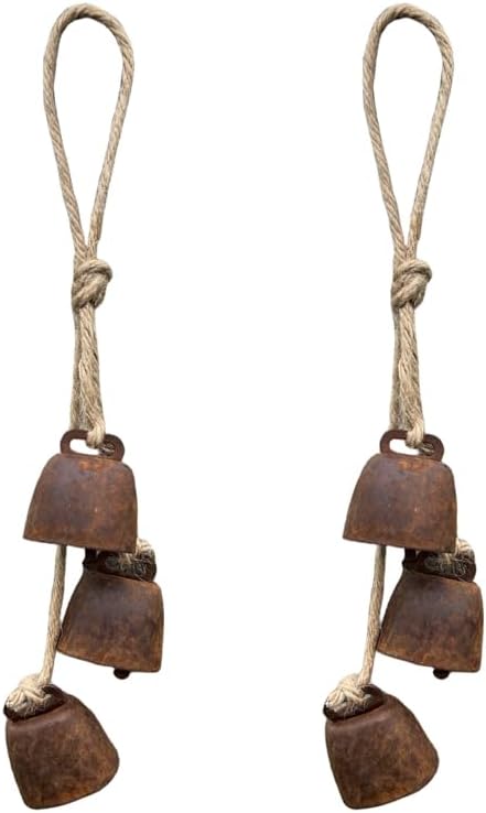 2pc Rustic Charm Bell - Handmade Hemp Rope Wind Chimes Hanging Decoration, Distressed Finish Cow Bell with Jute Hanging Rope, Perfect for Front Door, Outdoor, Window, and Home Decor,-CasaMuseHome