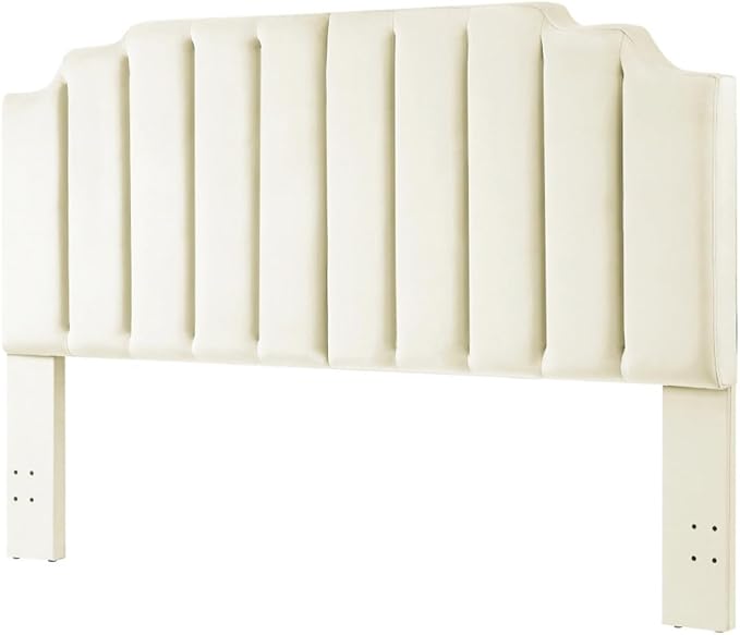 24KF Cream Velvet Tufted King Upholstered Headboard, Modern Vertical Channel Design California King Headboard with Stepped Silhouette Top Edge,Cream-CasaMuseHome
