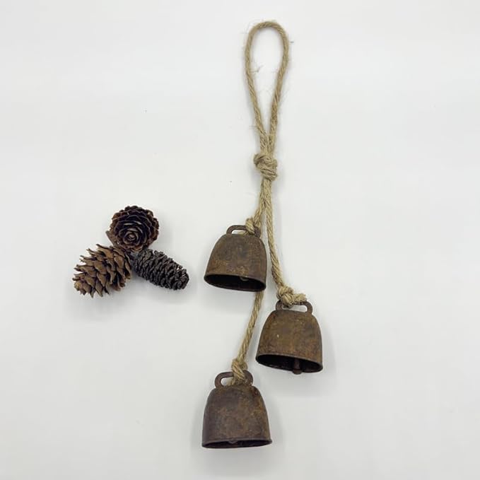 2pc Rustic Charm Bell - Handmade Hemp Rope Wind Chimes Hanging Decoration, Distressed Finish Cow Bell with Jute Hanging Rope, Perfect for Front Door, Outdoor, Window, and Home Decor,-CasaMuseHome