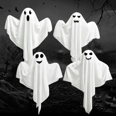 4 Pack Halloween Hanging Ghosts with LED Lights, 27.5 Inch Light Up Ghost Decorations for Indoor Outdoor, Lawn Yard Tree Hanging Halloween Ornaments, Spooky Lighted Party Supplies-CasaMuseHome