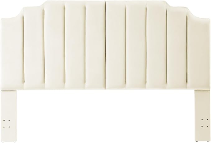 24KF Cream Velvet Tufted King Upholstered Headboard, Modern Vertical Channel Design California King Headboard with Stepped Silhouette Top Edge,Cream-CasaMuseHome