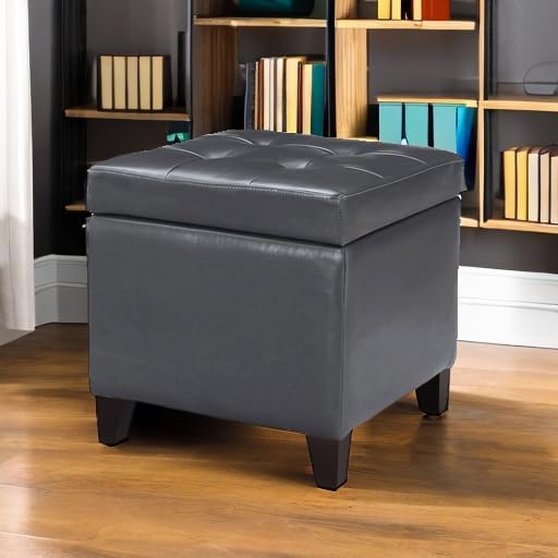 Adeco Bonded Leather Square Tufted Cubic Cube Storage Footstool, 18" Inch Ottomans & Storage Ottomans, With Lid, Dim Gray-CasaMuseHome