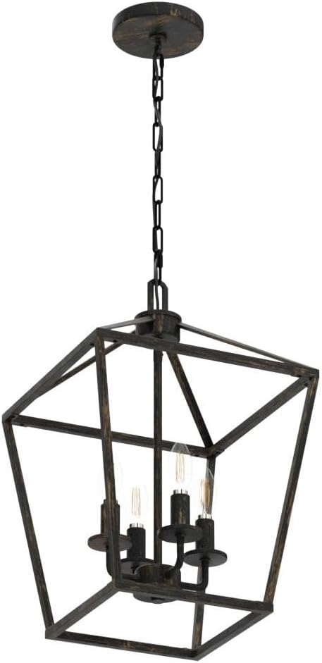 4 Light Chandelier Lighting, Industrial Ceiling Light Black Lantern with Brushed Gold, Geometric Metal Hanging Light Fixture with Adjustable Chain, E12 Base for Entryway Kitchen Island, Indoor Use-CasaMuseHome