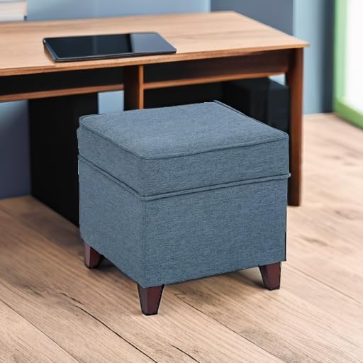 Adeco 17" Square Ottoman with Storage, Small Blue Storage Ottoman Foot Rest with Hinged Lid & Solid Wood Legs, Linen Fabric Foot Stool for Living Room & Bedroom-CasaMuseHome