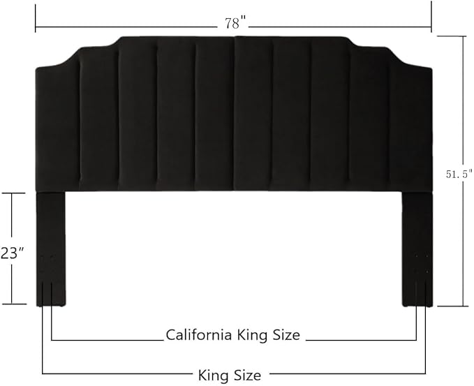 24KF Black Velvet Tufted King Upholstered Headboard, Modern Vertical Channel Design California King Headboard with Stepped Silhouette Top Edge,Black-CasaMuseHome