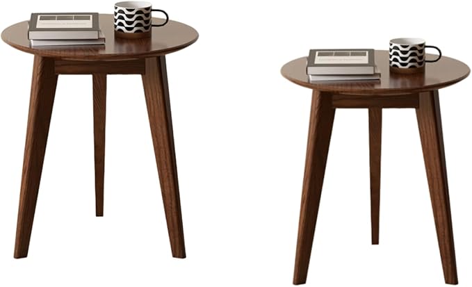 100% Solid Oak Round Side Table Set of 2, Small Bedside Table for Small Spaces, Living Room End Table with Stable Frame, Modern Nightstand for Bedroom Couch(Walnut, 17.71" D x 19.68" H)-CasaMuseHome