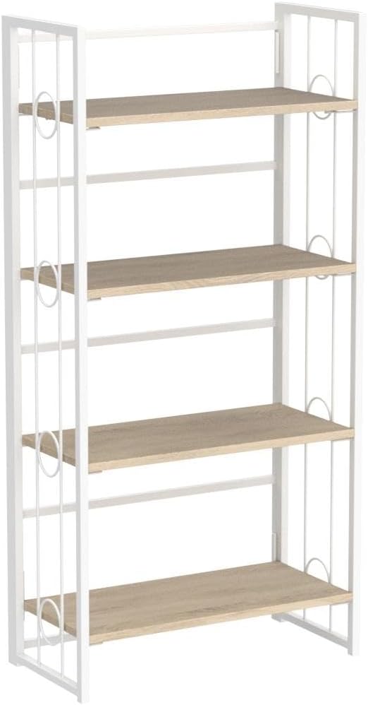 4NM No Assembly 4 Tiers Folding Bookshelf, 47.2" H Foldable Storage Shelves Vintage Bookcase Standing Racks Study Organizer Home Office - Natural White-CasaMuseHome