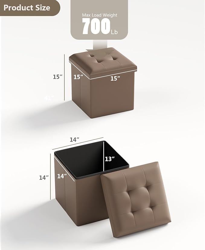 15 Inches Small Folding Storage Ottoman Cube, Storage Footrest, Foot Rest Stool, for Living Room, Bedroom, Dorm, Hallway, Entryway, Brown-CasaMuseHome