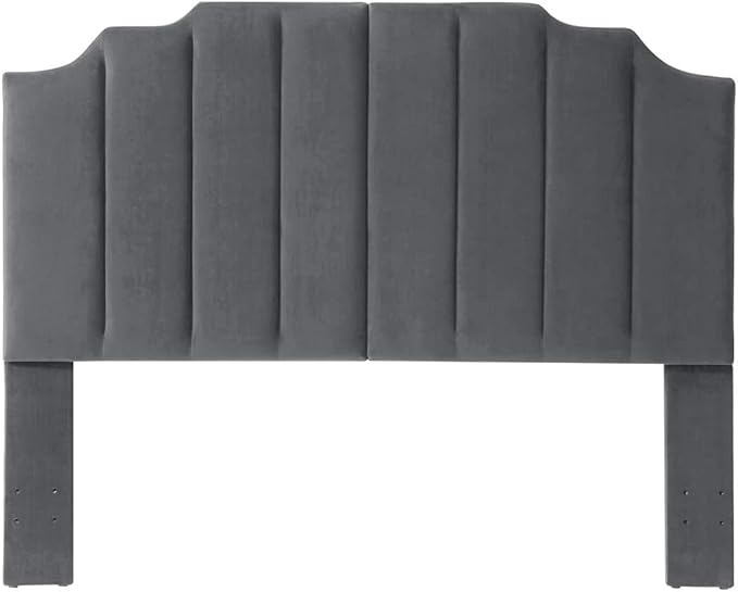 24KF Dark Gray Velvet Tufted Queen Upholstered Headboard, Modern Vertical Channel Design California Queen/Full Headboard with Stepped Silhouette Top Edge,Dark Gray-CasaMuseHome