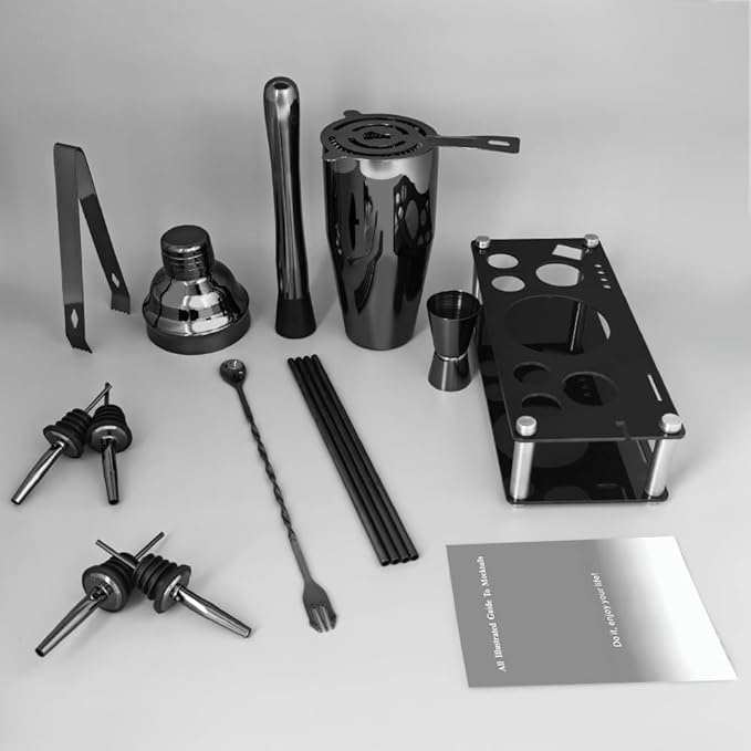 14-Piece Cocktail Shaker Set Bartender Kit with Black Stand, Bar Tool Set for Drink Mixing Bartending Kit Bar Sets Accessories: 750ml(25oz) Shaker, Jigger, Muddler, Cocktail Recipes (Black)-CasaMuseHome