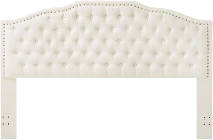 24KF Upholstered Button Tufted King Size Headboard with Nailhead Trim, Elegant Boucle Fabric California King headboard, 6031-K-Boucle-Ivory-CasaMuseHome