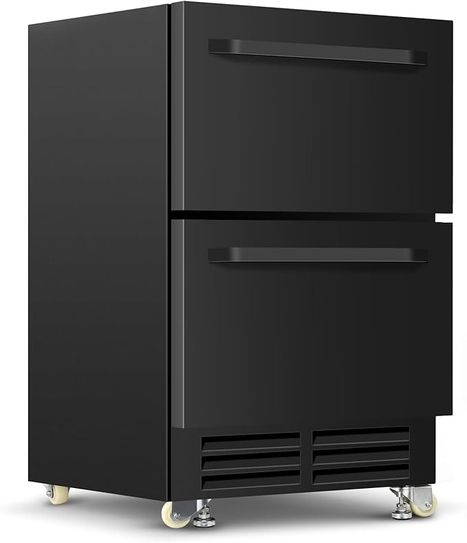 24 Inch Under Counter Dual Drawer Beverage Fridge, Weather Proof Outdoor Beverage Refrigerator for Patio, Stainless Steel Built-in Beverage Cooler for Home & Commercial Use, Black-CasaMuseHome