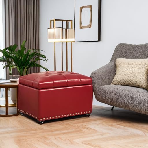24'' Leather Storage Ottoman Rectangular Foot Rest Stool with Nailhead Trim for Bedroom Living Room(Red)-CasaMuseHome