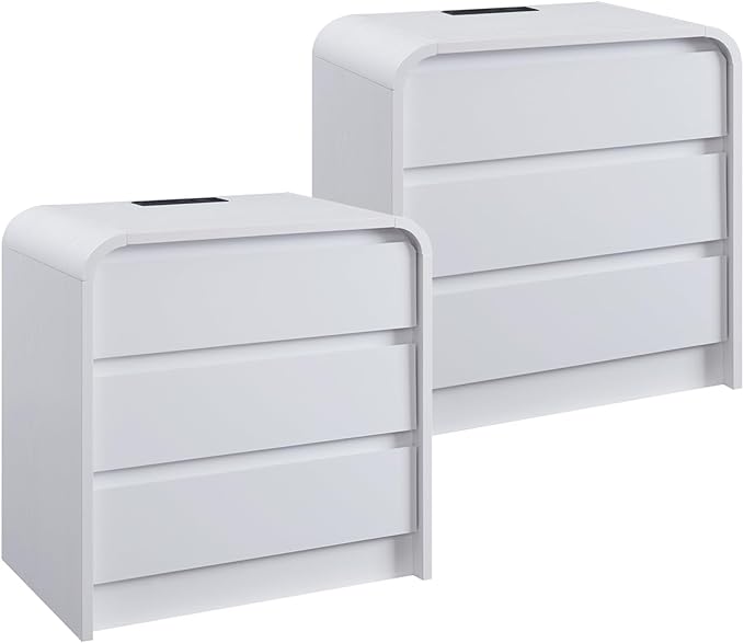 25" Tall Modern Nightstand Set of 2, 23.6" Wide Wood Bedside Table with Charging Station, 3 Storage Drawers Side Table w/Curved Profile Design, End Table for Bedroom, White-CasaMuseHome
