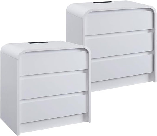 25" Tall Modern Nightstand Set of 2, 23.6" Wide Wood Bedside Table with Charging Station, 3 Storage Drawers Side Table w/Curved Profile Design, End Table for Bedroom, White-CasaMuseHome