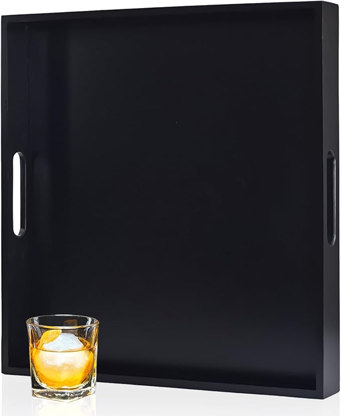 22 Inches Square Wood Ottoman Tray Black, Extra Large Wooden Serving Tray with Handles for Living Room, Serving Food Breakfast, Ottoman Coffee Table Couch Sofa Kitchen-CasaMuseHome